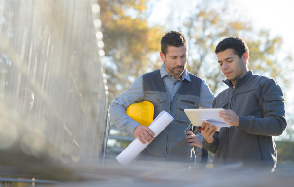 Manager,And,Worker,With,Safety,Helmet,Outside,A,Factory